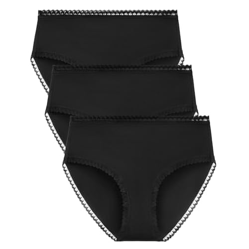 Women's Hi Cut Cotton Underwear Lace Trim Brief Breathable Comfort High-Waisted Panties Multipack Small Black 3