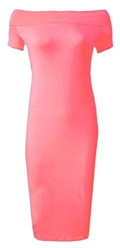 METLUQ M0D4 Ladies Plain Off Shoulder Bardot Midi Stretch Bodycon Dress Fashion 8-26 (Coral, UK 16-18 XL)