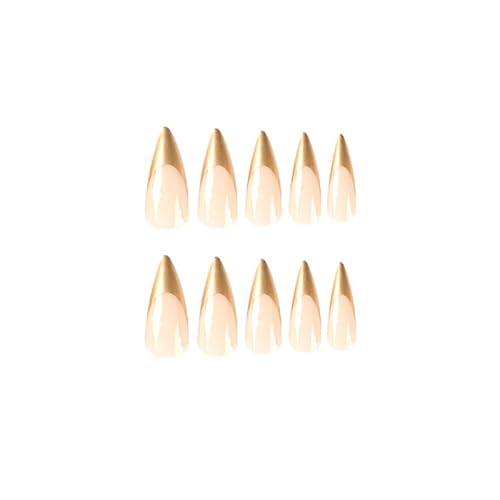 Fuldgaenr French Tip Press On Nails Long Stiletto Fake Nails With Y2K Retro Metallic Designs, Chrome Full Cover Artificial Acrylic Nails Gold Glue On Nails For Women And Girls Stick On Nails 24Pcs #TOP4
