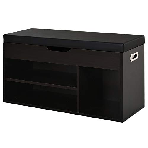 HOMCOM Mueble zapatero tapizado con 3 compartimentos, asiento de cuero PU, para salón y pasillo, 80x30x43 cm, negro