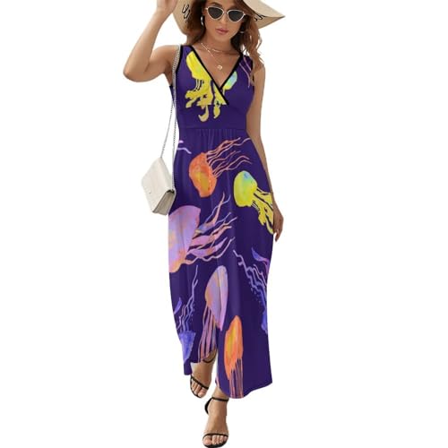 Robe longue d'été sans manches pour femme avec col en V fluide style décontracté