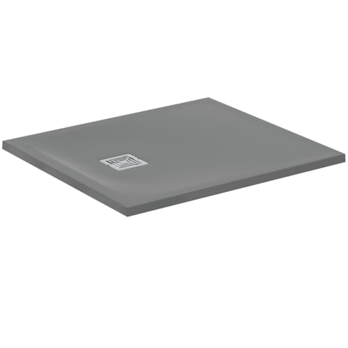 Ideal Standard - Ultra Flat S+, Plato de ducha rectangular ultrafino de resina efecto piedra, 90 x 80 cm, Ideal Solid, desagüe lado corto, gris cemento