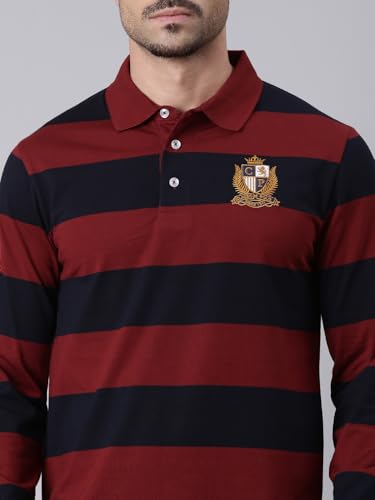 Image of Classic Polo Men's Full Sleeve Maroon /Black Polo Neck Slim Fit Colorblock Cotton T-Shirt