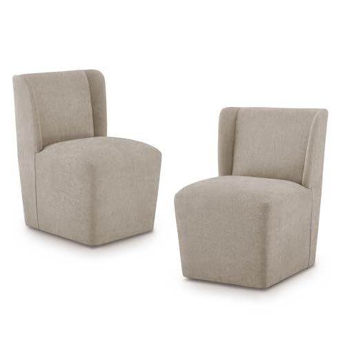 Image of KISLOT Upholstered Dining Chairs Set of 2 with Casters, Wingback Modern Side Armless Deskchair with Rollers for Diningroom Bedroom Livingroom Reading Room, Khaki Fabric