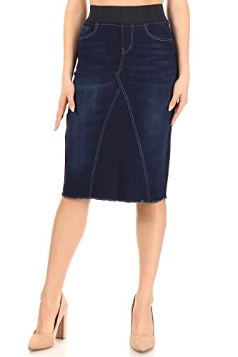 Fashion2Love Women's High Waisted Shaping Pull-On Stretch Denim Calf Length Skirt (77617)