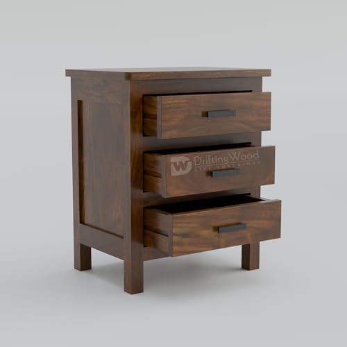 Image of DRIFTINGWOOD Roovi Solid Sheesham Wood Bedside Table with 3 Drawers | Wooden Nightstand & Side Table for Bedroom (Walnut Finish)