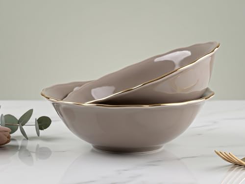 Image of Bodhi House 2-Piece Gold Rim Porcelain Serving Bowl Set | Lightweight, Chip Resistan | Dishwasher Safe | Elegant Tableware for Home Dining, Parties | Thunder Grey