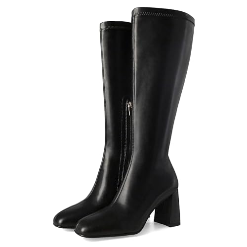 Knee High Boots Women Square Toe Elastic Fall Boots Side Zipper Chunky Heels Dress Office Winter Shoes