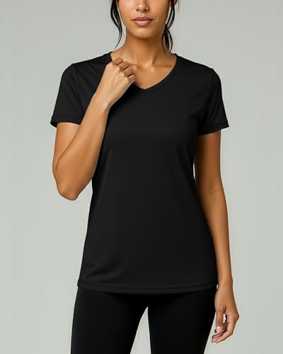 Image of Real Essentials 5 Pack: Women's Dry-Fit Short Sleeve V Neck T Shirt Workout Fitness Yoga Top Tee (Available in Plus Size)