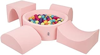 KiddyMoon Foam Playground For Kids With Round Ballpit (200 Balls) Obstacle Course, Lightgrey:Powderpink/Pearl/Transparent