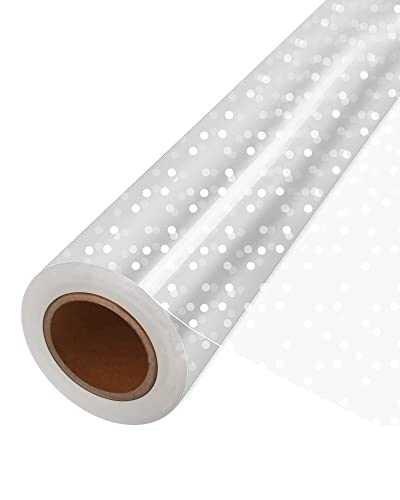 Image of JOYIT 100' Long X 35 inch Wide Clear Cellophane Wrap Roll with White Dots - 3 Mil Thicker Cellophane Roll, Clear Wrapping Paper for Gift Baskets Wrap (35 inch Folds into 17.5 inch)