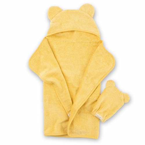 Image of Bella Tunno Baby Bath Towel and Wash Mitt Set - Soft Absorbent Hooded Towels and Mitt-Style Baby Washcloths, Oeko-TEX Certified (Sunshine)