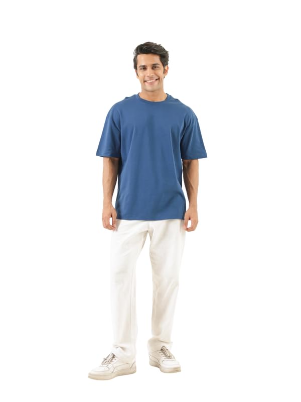 Image of SAADAA Men's Oversized Cotton T-Shirt | 210 GSM Heavyweight Fabric | Drop Shoulder | Dual Knit | Comfortable Casual Wear | Solid Colors