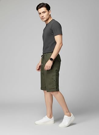 Image of Men Cargo Shorts with Drawstring Waist, Side Flap Pockets, Knee Length, Casual Style, Men Shorts || Cotton Short for Men || with Pocket Style (in, Numeric, 34, Regular, Dark Green)