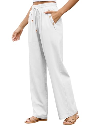 Famulily Ladies Casual White Cotton Trousers Wide Leg Summer Beach Trousers with Drawstring High Waist (S, White)
