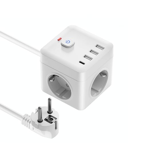 7-in-1-Würfelsteckdose mit 1 USB-C und 3 USB-Ports, 1,5 m langem Verlängerungskabel sowie Überspannungsschutz – geeignet für Zuhause, Büro und Reisen, in Weiß.