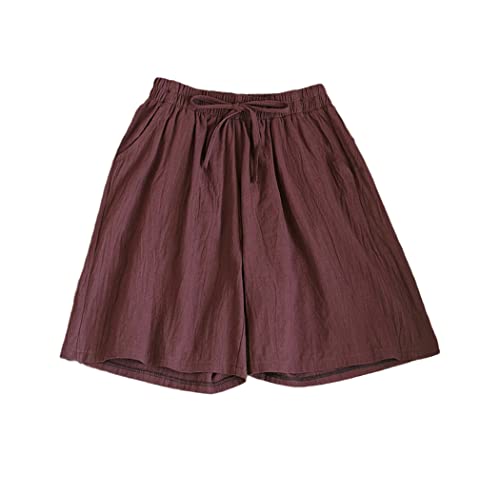 Short d'été décontracté en coton lin marron taille haute L pour femme