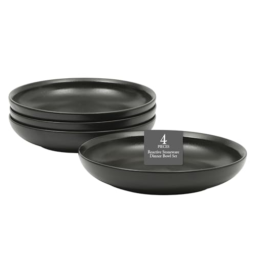 Image of Gibson Elite Beckett 4-Piece 9 Inch Dinner Plate Bowl Set - Reactive Glaze Stoneware - Shallow Serving Pasta Bowls (Blate) - Round Wide-Rim Design - Microwave & Dishwasher Safe - Black
