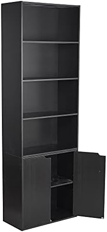 URBNLIVING 6 Tier Bookcase Bookshelf With 2 Doors Cupboard (Matt Black)