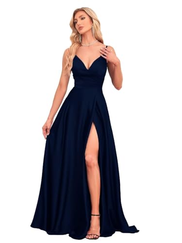 Women's V Neck Satin Bridesmaid Dresses 2025 Spaghetti Straps Prom Dresses A Line Formal Party Dress with Slit UU03
