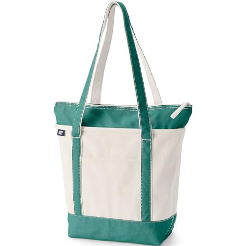 Lands' End Zip Top Long Handle Canvas Tote Bag Large Natural/Bright Spruce