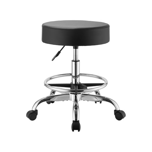 Image of VEVOR Rolling Stool with Wheels Footrest, 500 lbs Weight Capacity, Height Adjustable, Thick Cushion Ergonomic PU Leather Seat, 360 Swivel Round Rolling Stool Chair for Salon, Clinic, Medical, Black