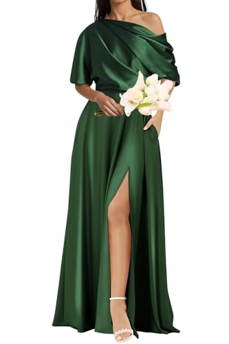 Satin Bridesmaid Dresses Long One Shoulder Mother of The Bride Dresses for Women with Sleeves NA1094