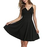ELESOL Women Deep V Neck Black Skater Dress Spaghetti Straps Fit and Flare Sundress M