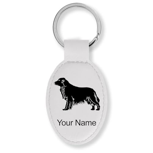 LaserGram Oval Keychain, Golden Retriever Dog, Personalized Engraving Included (White)