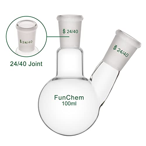 Funchem Glass Round Bottom Flask 24/40, 2 Neck Round Bottom Receiving Boiling Flask Rbf, With 24/40 Standard Taper Outer Joint, 100 Ml #TOP2