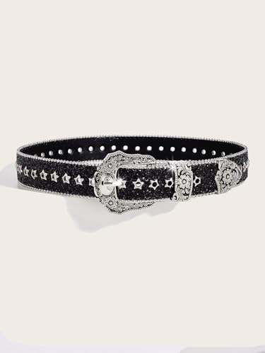 Women Bling Rhinestone Belt Y2k Vintage Punk Goth Embossed Buckle Cowgirl Cowboy Western Star Belt Jeans Accessories2