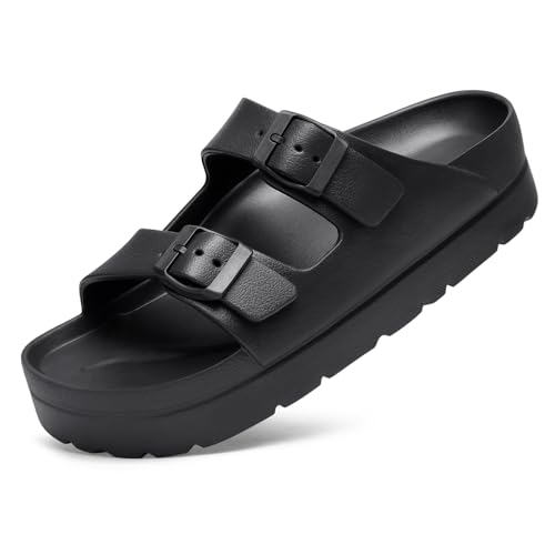 Image of shevalues Women’s Platform Sandals with Arch Support, Lightweight Cloud Slides with Adjustable Double Buckle, Comfortable EVA Recovery Sandals for Summer Beach, Black 39