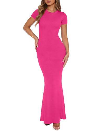 REORIA Women's Basic Summer Casual Lounge Long Dress Elegant Short Sleeve Crew Neck Bodycon Maxi Dresses