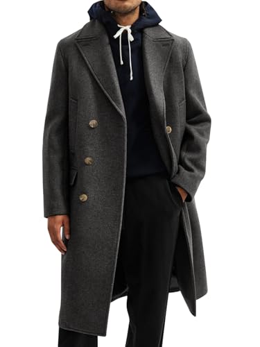 Runcati Mens Trench Coat Notch Lapel Slim Fit Double Breasted Casual Long Business Pea Coat Overcoat