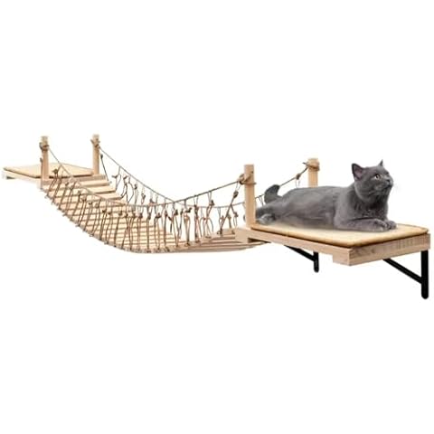 A.FATI Wall-Mounted Cat Roped Bridge, Cat Wall Shelves, Cat Brideg Long for Indoor Cats, Cat Wall Furniture for Sleeping, Playing, Climbing, Wooden Cat or Kitty Bed and Perches with Sisal Scratch Mat Cover
