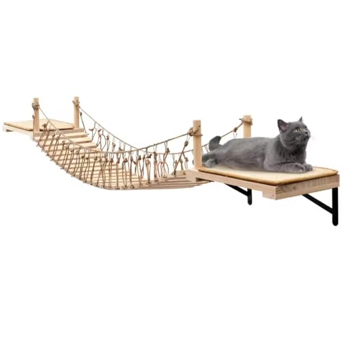 A.FATI Wall-Mounted Cat Roped Bridge Long for Indoor Cats Cat Wall Shelves for Sleeping Playing Climbing Wooden Cats Bed and Perches with Sisal Scratch Mat