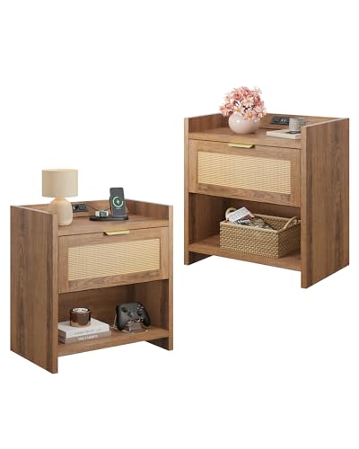 Image of WLIVE Rattan Nightstands Set of 2, Night Stand Sets with Charging Station, Boho Bed Side Table with Storage Drawer and Open Shelf, End Tables Bedroom, Natural Oak