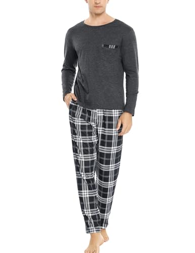 Sykooria Men's Pajamas Set Long Sleeve Cotton Plaid Loungewear Cozy Striped Sleepwear with Pockets 2 Piece Comfy Pjs Set