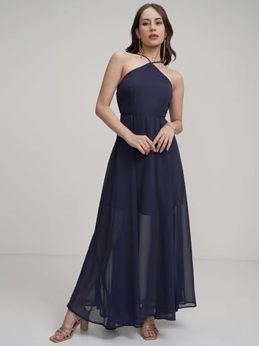 Image of Tokyo Talkies Women's Halter Neck Flowy Maxi Dress | Cinched Waist | Elegant & Airy Silhouette for a Breezy, Effortless Look