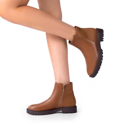 DREAM PAIRS DREAM PAIRS Women's Low Heel Chelsea Ankle Boots Fashion Slip On Elastic Fall Booties Shoes,Size 9.5,BROWN,DAB213-1