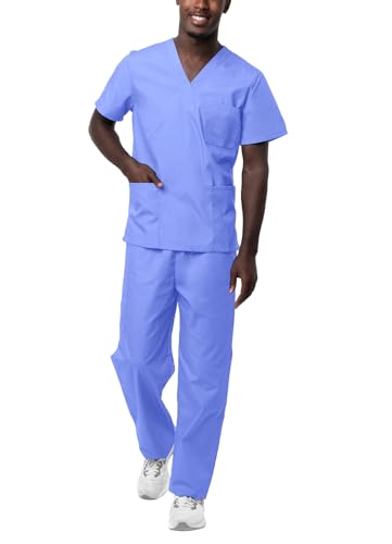Sivvan Durable Unisex Scrubs Set - Classic V-Neck Scrub Top & Drawstring Scrub Pants For Men & Women, 5 Pockets - S8400 - Ceil Blue - M