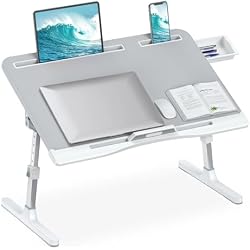 HETTHI Laptop Desk for Bed, Adjustable Bed Table with Leather Desktop, Foldable X-Large Laptop Bed Trays with Drawer for Bed Couch Floor Writing Working Reading Eating Painting (Gray, 23.6