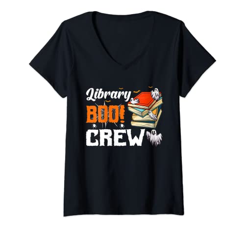 Womens Funny Library Boo Crew Ghost Librarian Halloween Costume Day V-Neck T-Shirt