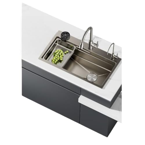 GRSMIS キッチンシンク、304ステンレス鋼の、厚みのある防錆、バー用のシングルボウルアンダーマウント考え抜かれたデザイン (60*45cm,グレー+大型シングルシンク - 引き出し式蛇口 - 浄水器 - カップ洗浄機)