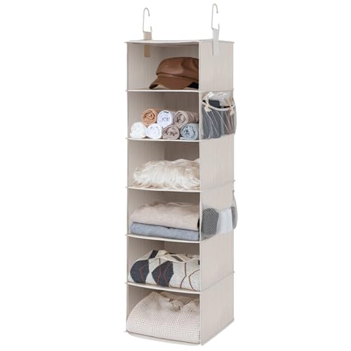 Image of StorageWorks 6-Shelf Hanging Closet Organizer, Hanging Shelves for Closet, Fabric, Mixing of Beige, White & Ivory, 12" D x 12" W x 47 1⁄2" H