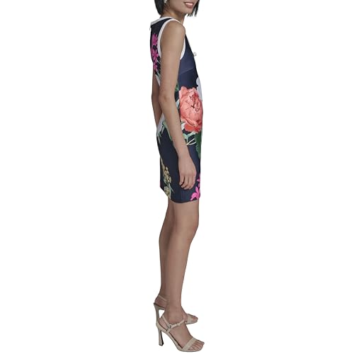 Image of Karl Lagerfeld Women's Sleeveless Split Neck Contrast Trim A-line Mini Dress with Bow Detail
