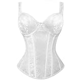Kimring Women's Lace Up Boned Zipper Side Shoulder Straps Jacquard Tank Overbust Corset Bustier Tops Body Shaper White XX-Large