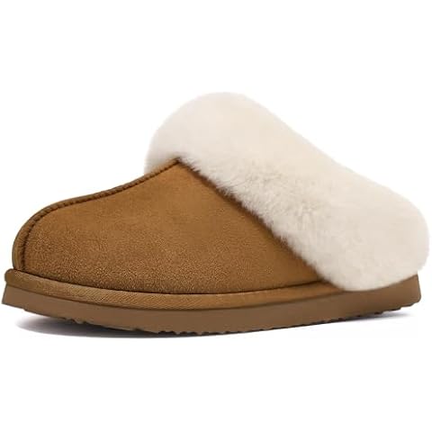 Litfun Fuzzy House Slippers for Women Fluffy Memory Foam Suede Slippers with Faux Fur Collar Indoor Outdoor, Brown 40/41 (Size 7.5-8) Cover