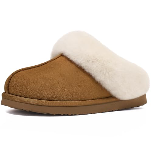 Litfun Fuzzy House Slippers for Women Fluffy Memory Foam Suede Slippers with Faux Fur Collar Indoor Outdoor