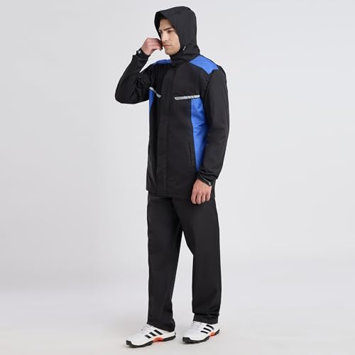 Image of ZEEL Raincoat with Adjustable Hood, Polyester Waterproof Full Sleeves, Backpack Friendly Pleate, Top and Bottom Set Rainwear, Front Zip with Snap Button Flap (EJS502, Black-Wave, XXL)